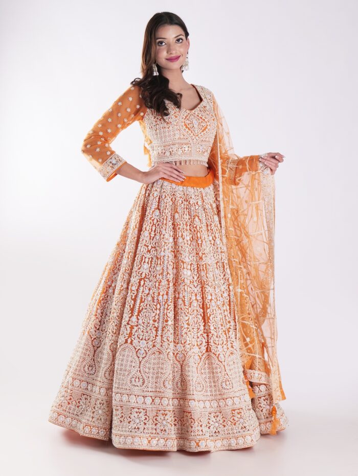Beautiful Orange And White Designer Lehenga Choli Set - Image 4
