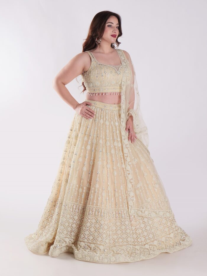 Cream Colored Intricately Embroidered Designer Lehenga Choli Set - Image 4
