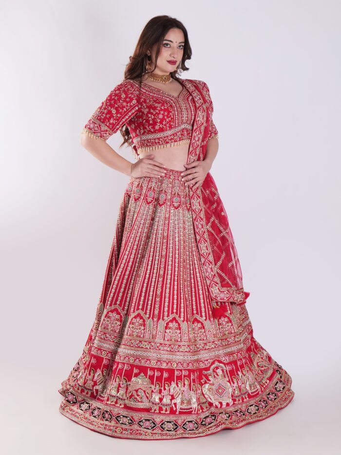 Heavily Embellished With Sequins And Pearls Crimson Red Embroidered Silk Exclusive Bridal Lehenga Set - Image 4