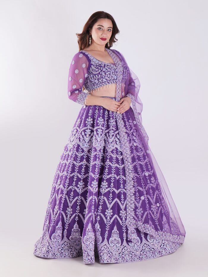 Stunning Lavender Purple Embroidered Net Lehenga Choli Set - Image 4