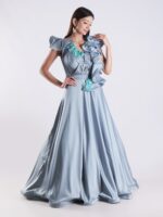 Elegant Sky Blue Designer Gown with Ruffle Detailing and Floral Embellishments - Image 4