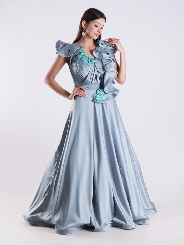 Elegant Sky Blue Designer Gown with Ruffle Detailing and Floral Embellishments - Image 4