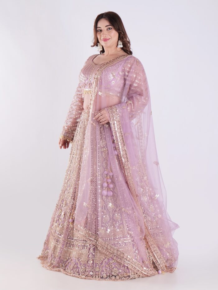 Adorned With Intricate Embroidery And Sequins Light Lavender Bridal Wedding Lehenga Set - Image 4