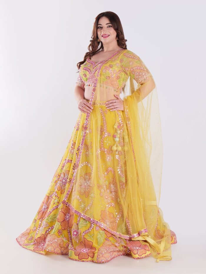 Radiate Sunshine In Style Yellow Floral Embroidered Mirror Work Lehenga Choli Set - Image 4