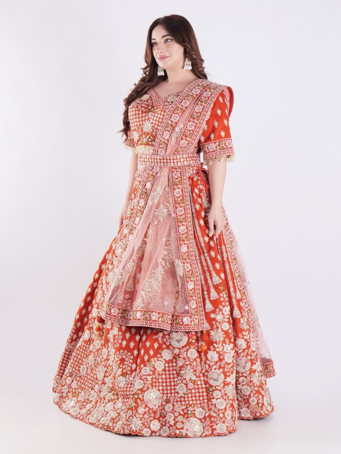 Vibrant Orange Adorned In A Stunning Traditional Indian Bridal Outfit Engagement Luxury Lehenga Set - Image 4