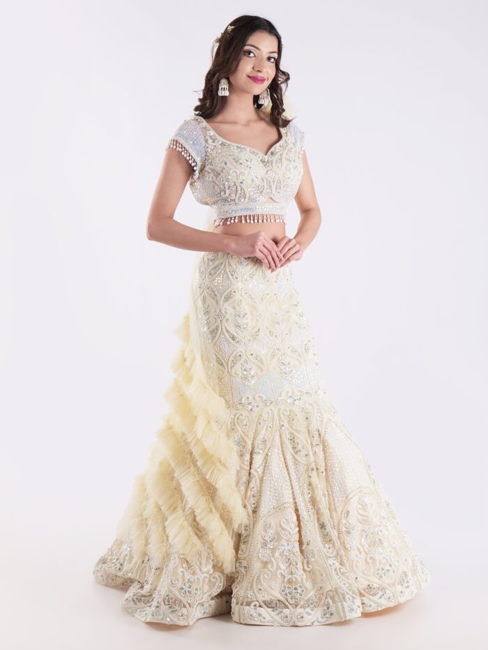 White And Cream Colored Heavily Embellished With A Sheer Dupatta Fish Cut Lehenga Set - Image 4