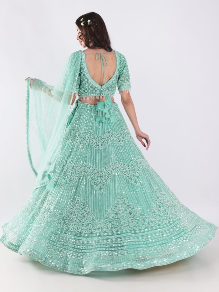 Stunning Mint Green Intricate Embroidery With Silver Sequins And Beads Shimmering Effect Bridal Lehenga Set - Image 5