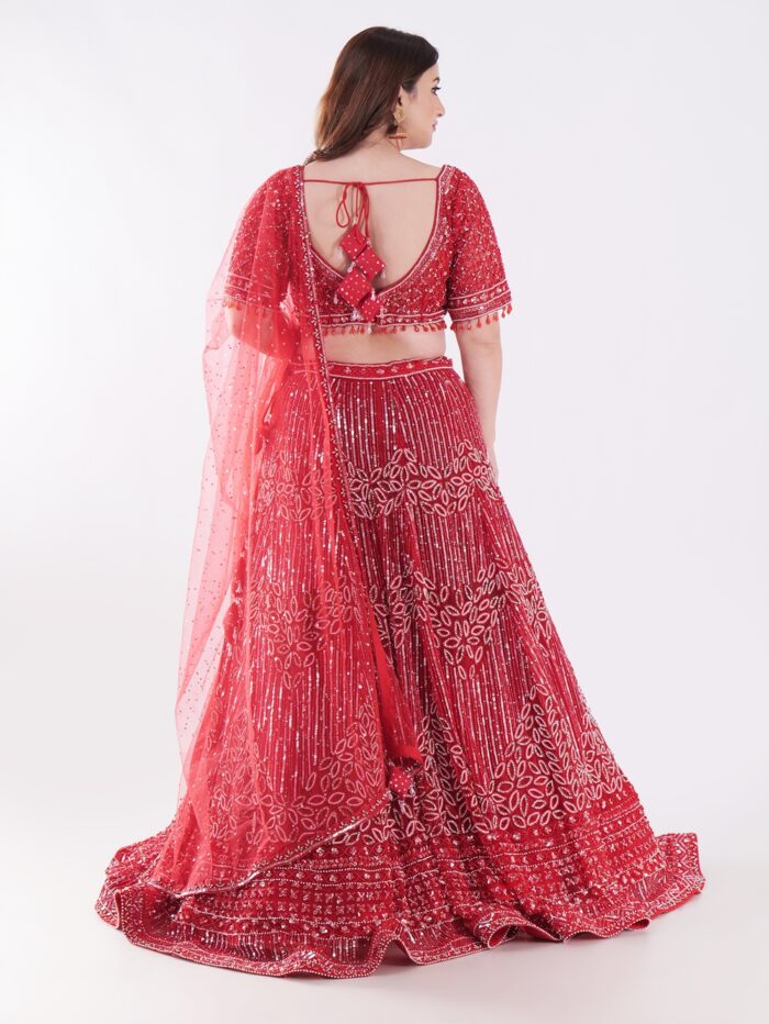 Stunning Red and Silver Intricate Embroidery With Silver Sequins And Beads Shimmering Effect Bridal Lehenga Set - Image 5
