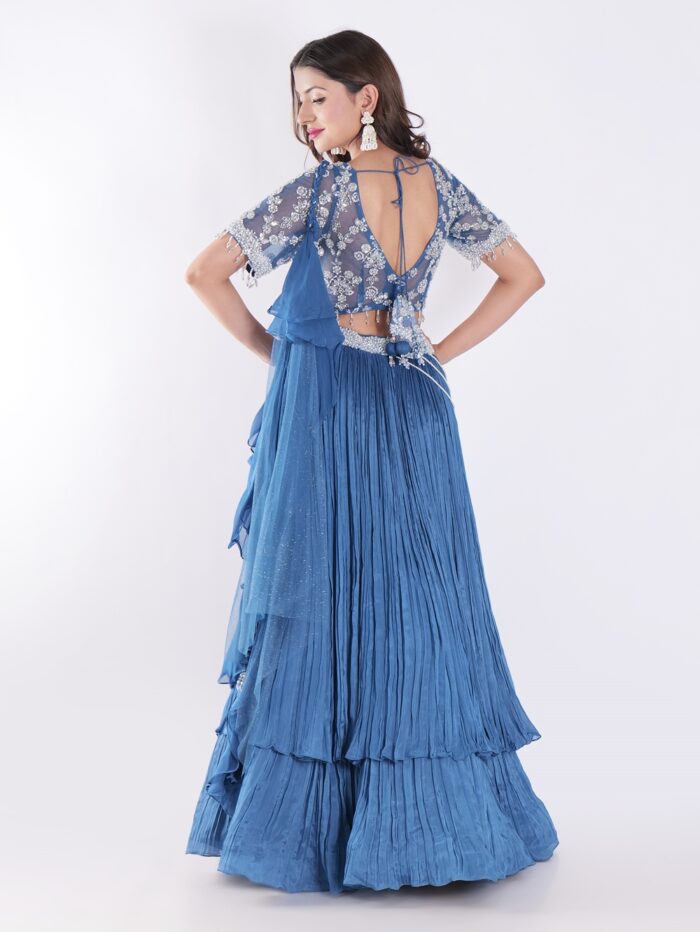 Beautiful Blue Outfit Adorned With Intricate Silver Embroidered  Indo Western Lehenga Set - Image 5