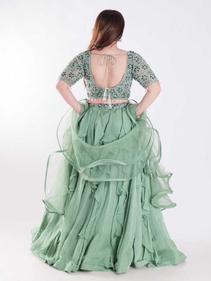Sage Green With Intricate Silver And Emerald Green Embellishments Ruffled Lehenga Set - Image 5