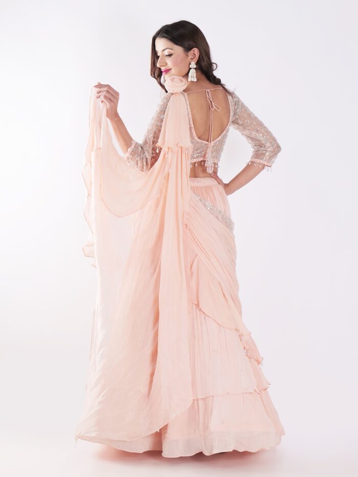 Beautiful Peach Colored Embroidered Crop Top Outfit Ruffle Drape Lehenga Set - Image 5
