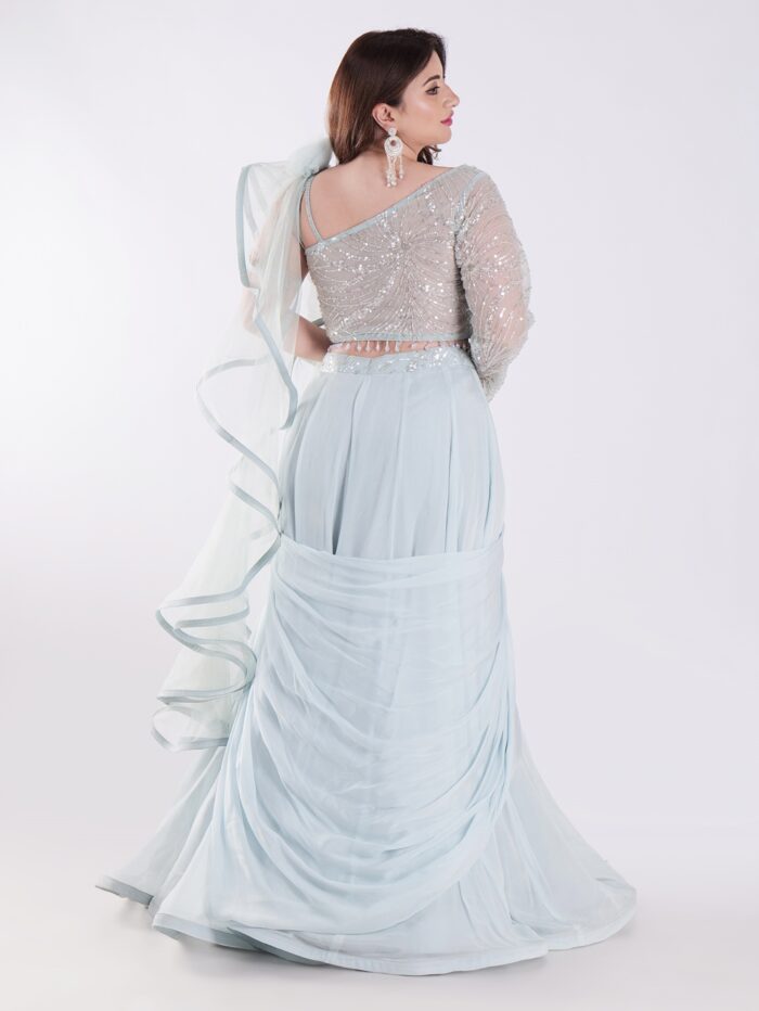 Beautiful Light Blue Flowing With A Delicate Embellished Bodice Indowestern Lehenga Choli Set - Image 5
