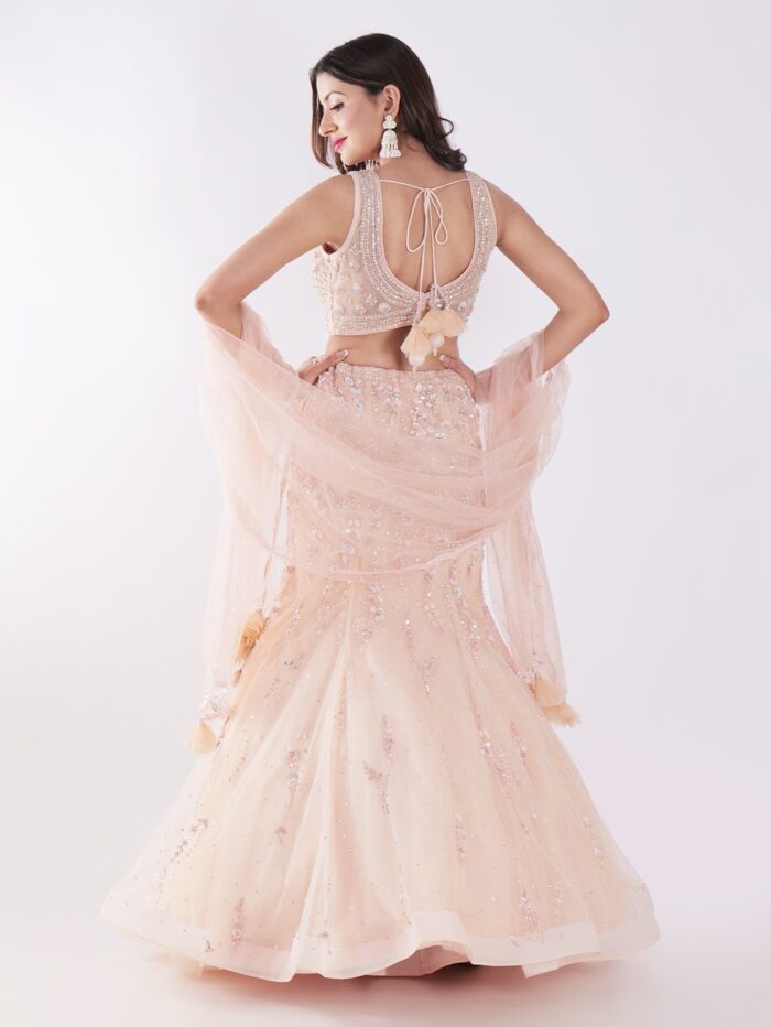 Elevate Your Ethnic Wardrobe With Our Peach Colored Cocktail Fish Cut Style Lehenga Set - Image 5