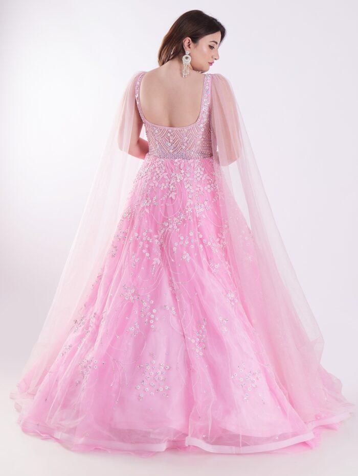 Delicate Floral Pattern And Shimmering Embellishments Pink Color Party Wear Gown - Image 5