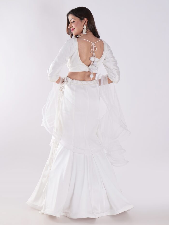 White Flowing Intricate Layers Of Ruffles Dramatic And Elegant Silhouette Cocktail Lehenga Set - Image 5