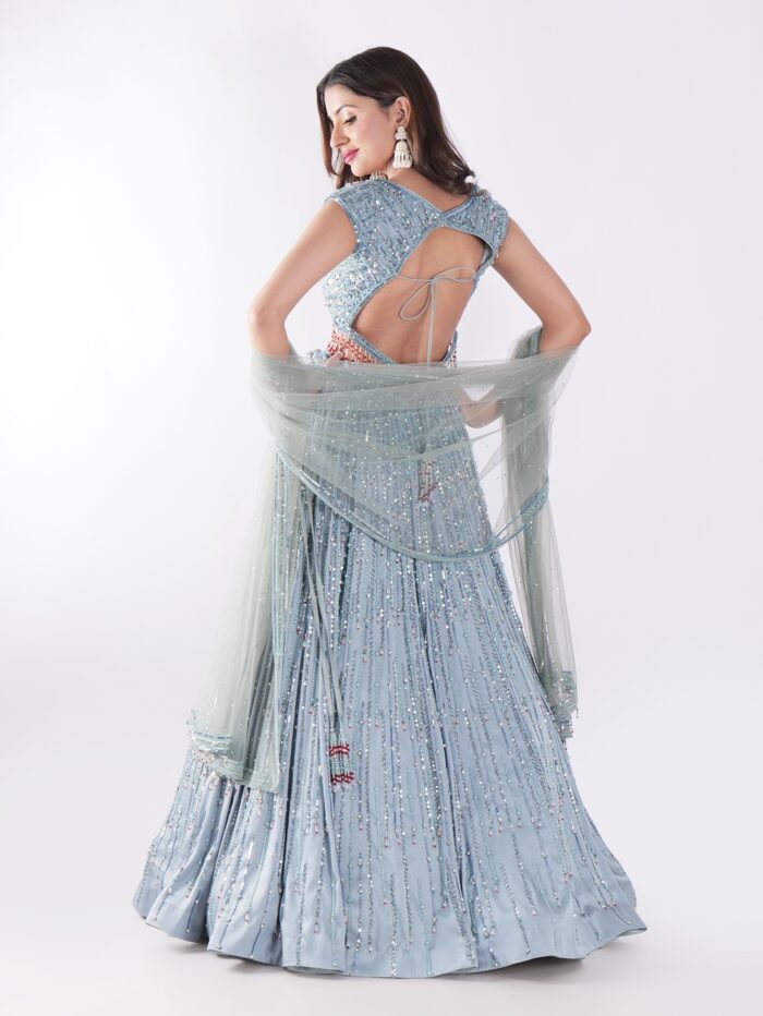 Stunning Blue And Silver Sequined Shimmering Effect Backless Party Wear Lehenga Set - Image 5