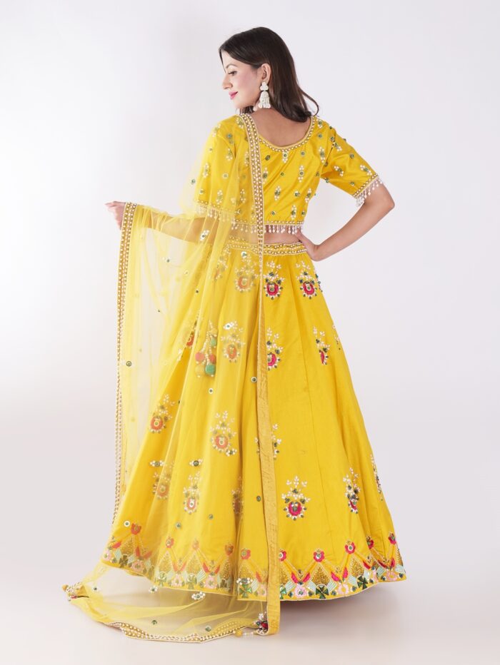 Vibrant Yellow Round Neckline And Short Sleeves Mehandi Designer Lehenga Set - Image 5