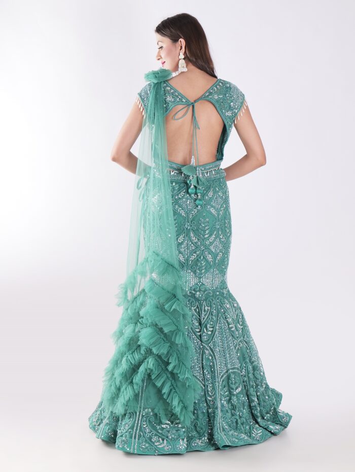 Teal Colored Cocktail Party Wear Fish Cut Style Lehenga Set - Image 5