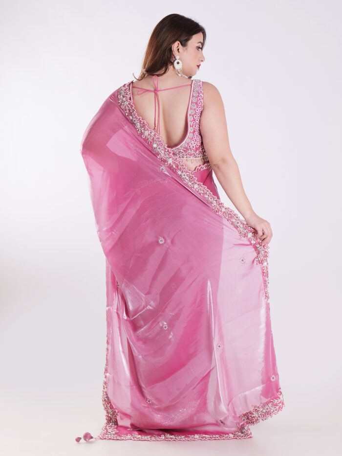 Beautiful Pink Saree With Intricate Silver Embroidery Party Wear Saree - Image 5