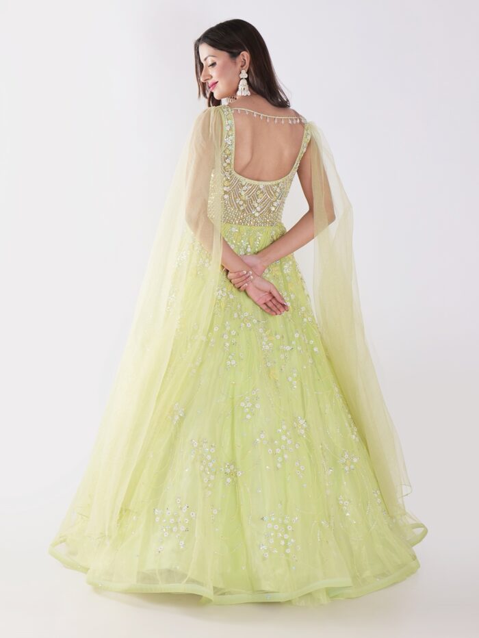 A Beautiful Light Green With Delicate Embroidery And Embellishment Cocktail Party Wear Gown - Image 5