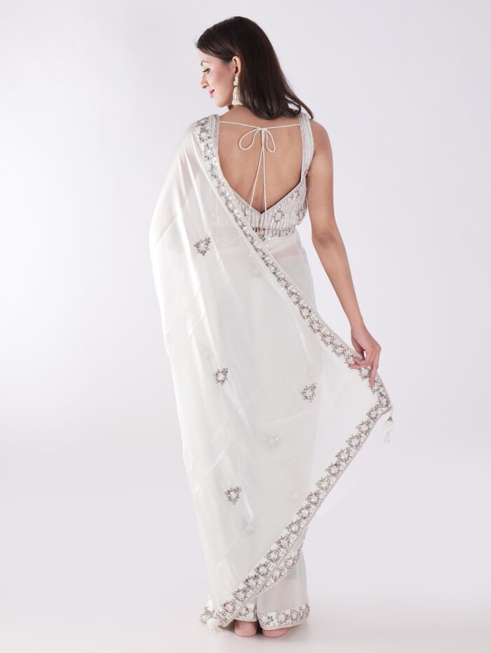 White Party Wear Saree With Silver Embroidery - Image 5