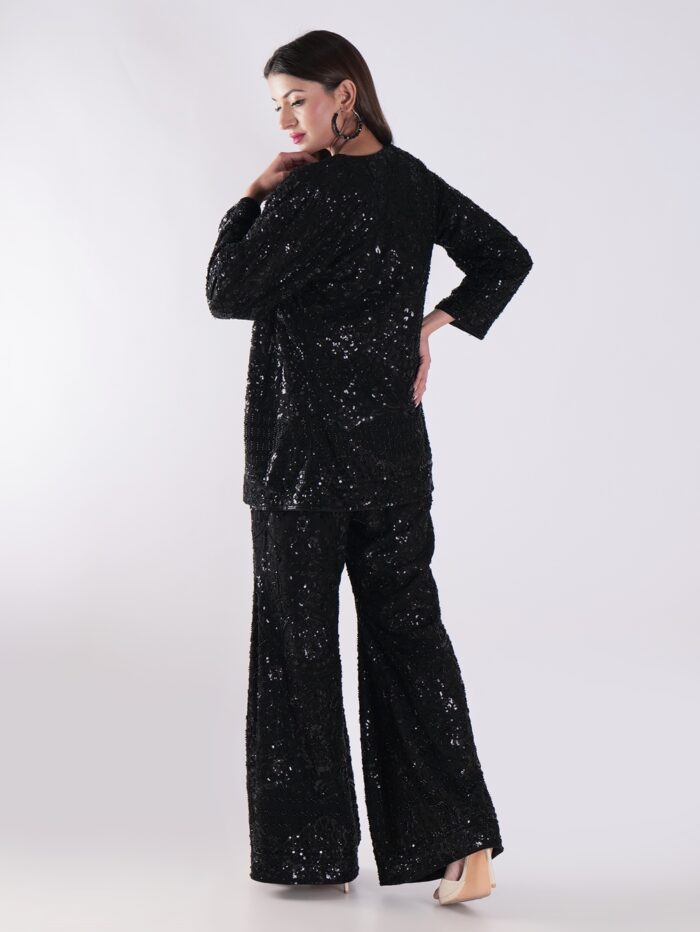 Sequined Crop Top With A Plunging Neckline Shrug Top Bell Bottom Suits - Image 5