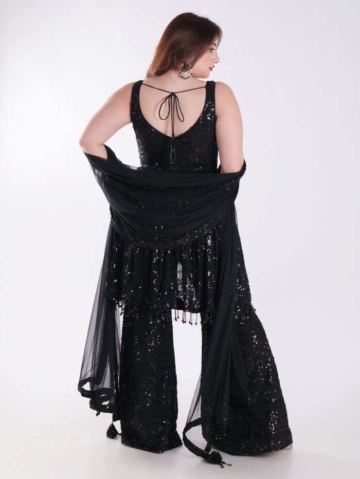 Black Sequined Outfit Peplum Top With Bell Bottom Sharara Suit - Image 5