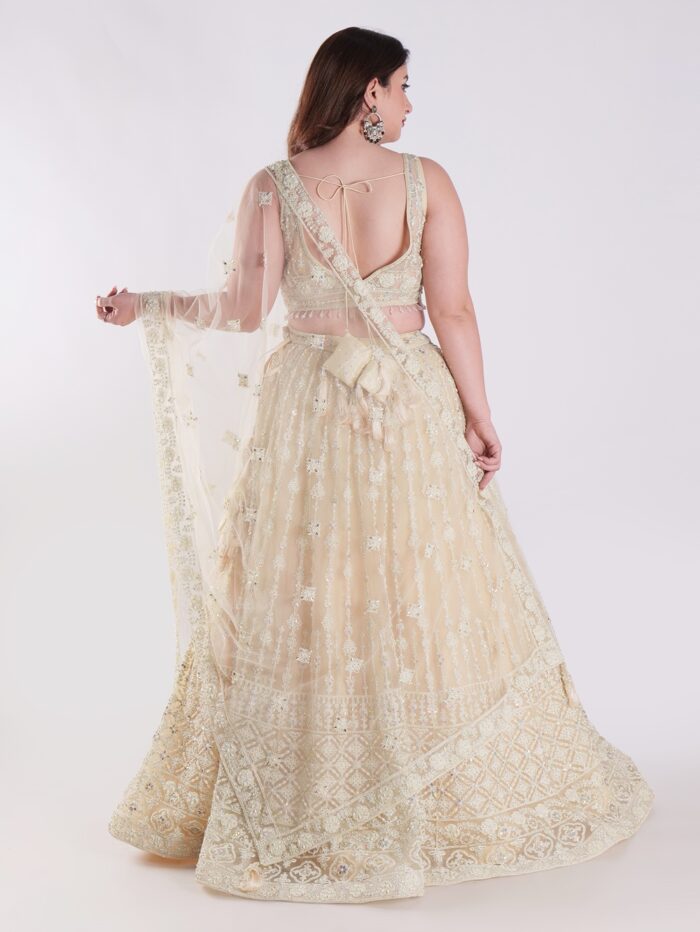 Cream Colored Intricately Embroidered Designer Lehenga Choli Set - Image 5