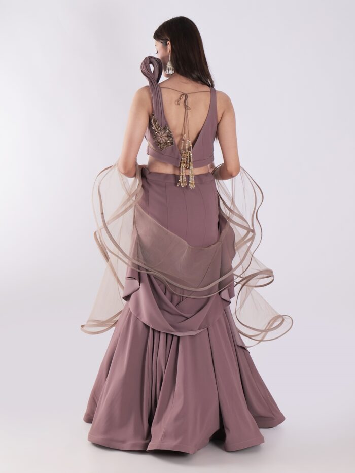 Sleeveless Crop Top With Intricate Gold Embroidery Skirt Cocktail Indowestern Lehenga Set - Image 5