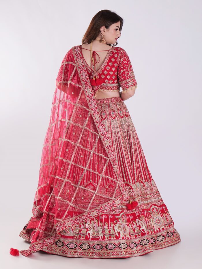 Heavily Embellished With Sequins And Pearls Crimson Red Embroidered Silk Exclusive Bridal Lehenga Set - Image 5