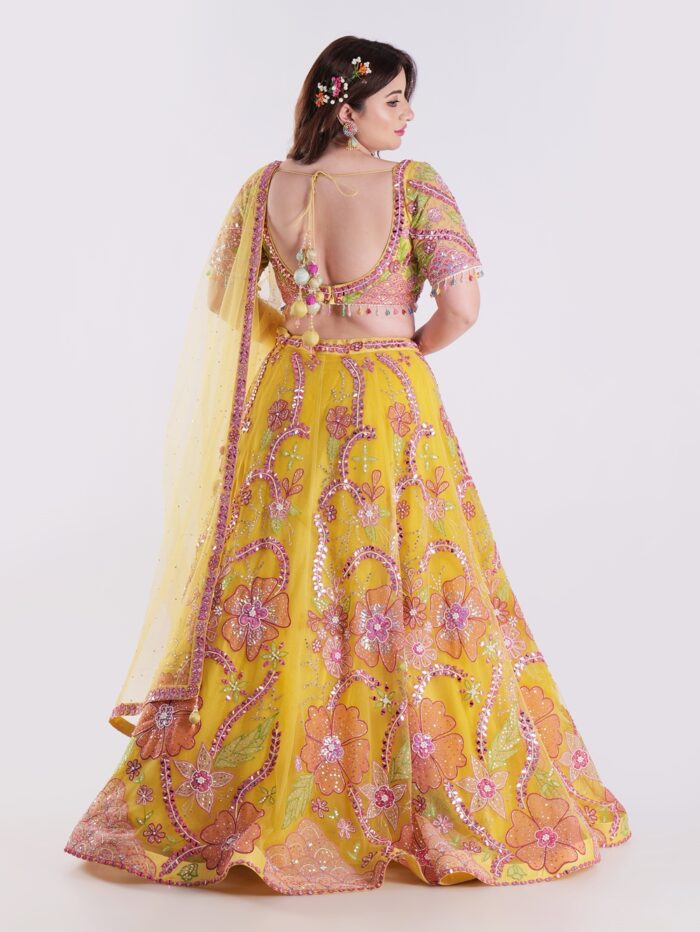 Radiate Sunshine In Style Yellow Floral Embroidered Mirror Work Lehenga Choli Set - Image 5
