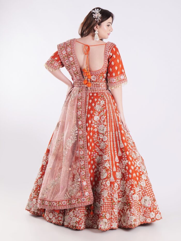 Vibrant Orange Adorned In A Stunning Traditional Indian Bridal Outfit Engagement Luxury Lehenga Set - Image 5