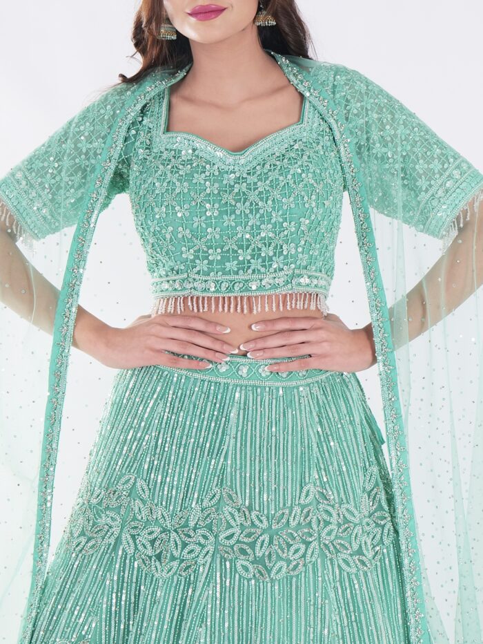 Stunning Mint Green Intricate Embroidery With Silver Sequins And Beads Shimmering Effect Bridal Lehenga Set - Image 6