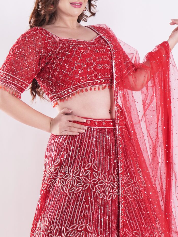 Stunning Red and Silver Intricate Embroidery With Silver Sequins And Beads Shimmering Effect Bridal Lehenga Set - Image 6