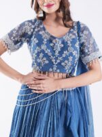 Beautiful Blue Outfit Adorned With Intricate Silver Embroidered Indo Western Lehenga Set - Image 6