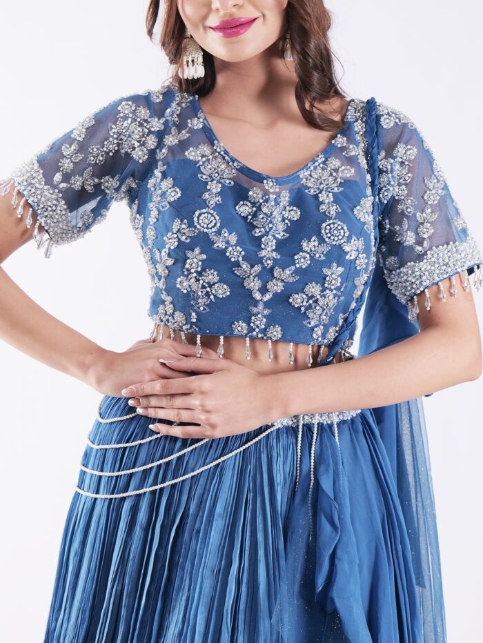 Beautiful Blue Outfit Adorned With Intricate Silver Embroidered  Indo Western Lehenga Set - Image 6
