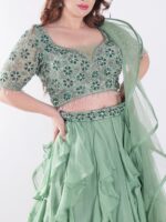 Sage Green With Intricate Silver And Emerald Green Embellishments Ruffled Lehenga Set - Image 6