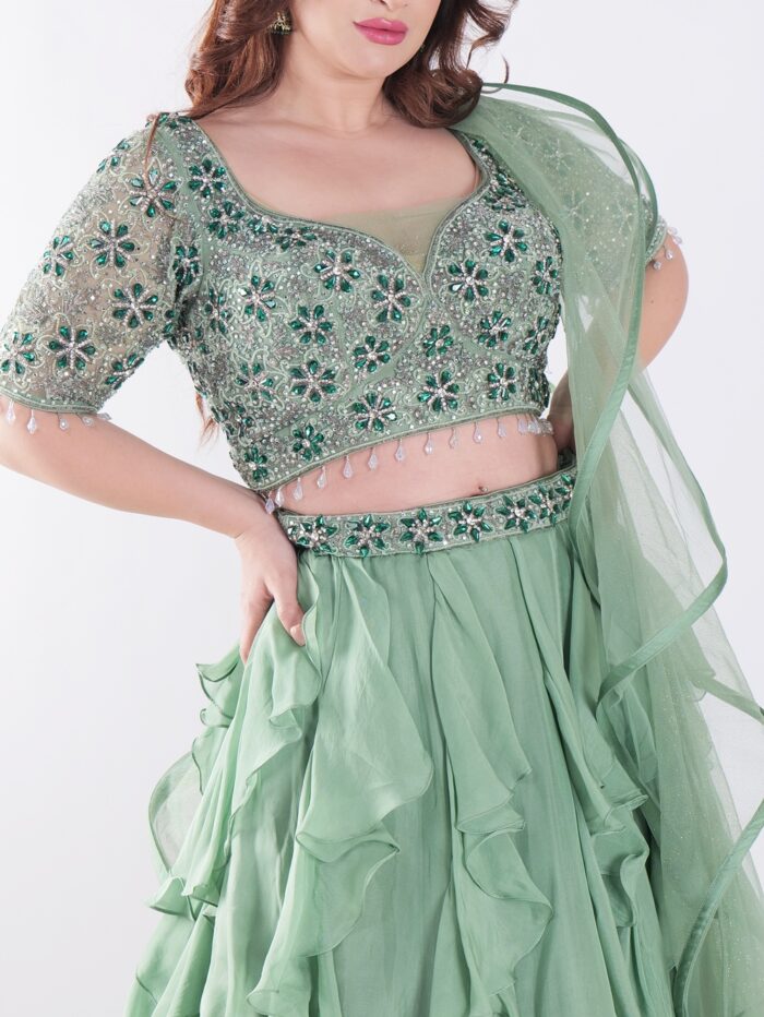 Sage Green With Intricate Silver And Emerald Green Embellishments Ruffled Lehenga Set - Image 6