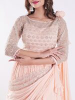 Beautiful Peach Colored Embroidered Crop Top Outfit Ruffle Drape Lehenga Set - Image 6