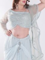 Beautiful Light Blue Flowing With A Delicate Embellished Bodice Indowestern Lehenga Choli Set - Image 6