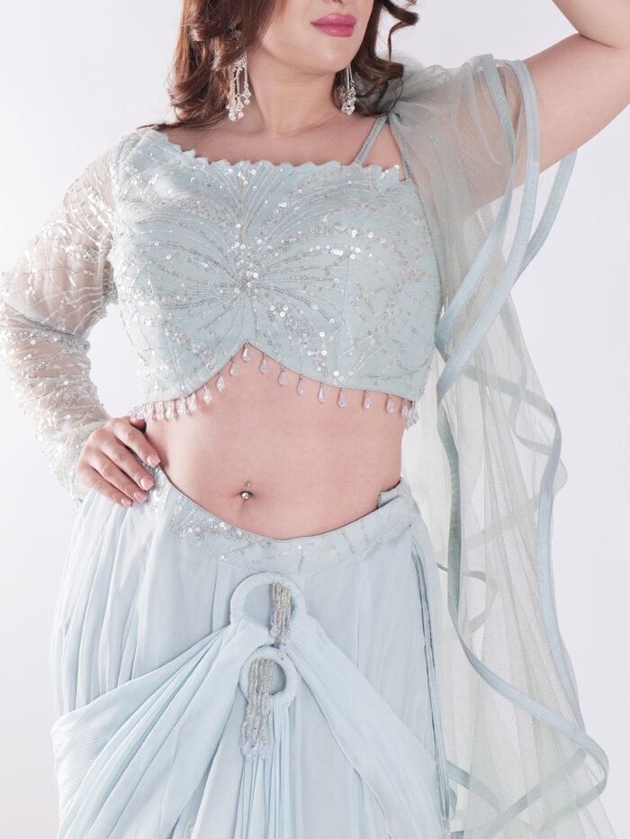 Beautiful Light Blue Flowing With A Delicate Embellished Bodice Indowestern Lehenga Choli Set - Image 6