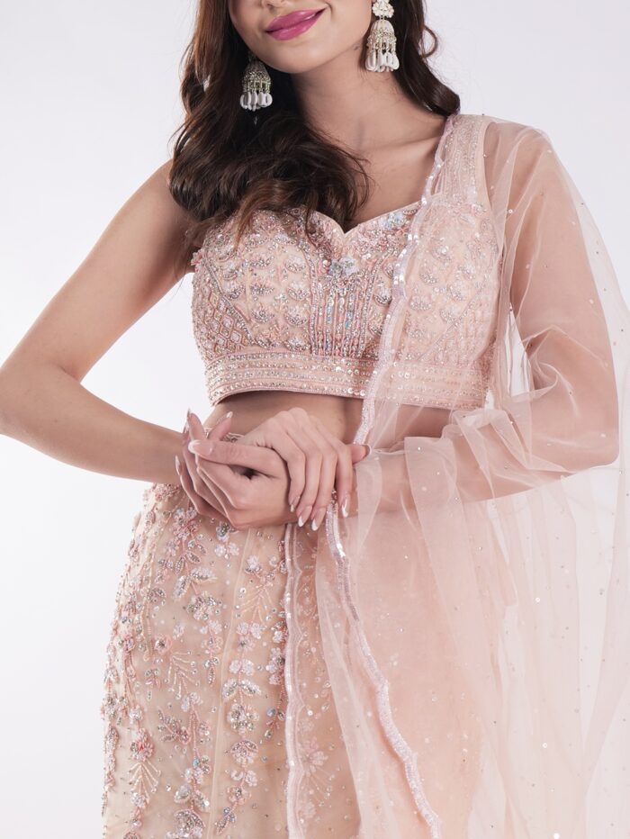 Elevate Your Ethnic Wardrobe With Our Peach Colored Cocktail Fish Cut Style Lehenga Set - Image 6