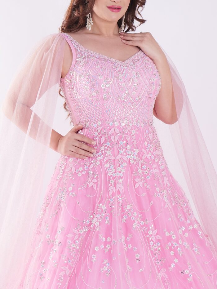 Delicate Floral Pattern And Shimmering Embellishments Pink Color Party Wear Gown - Image 6