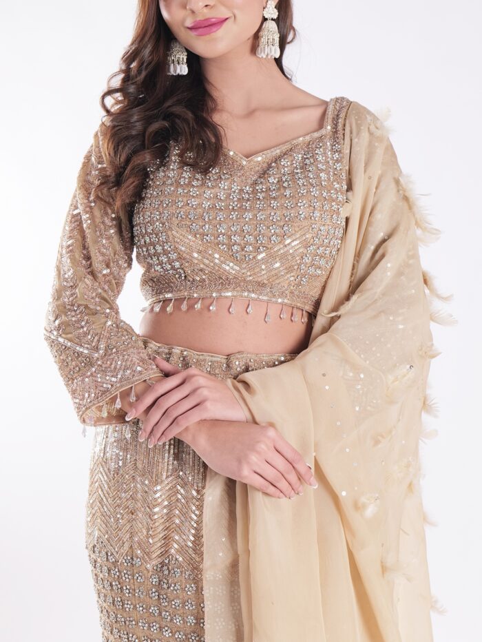 Sparkling Gold And Silver Outfit Covered In Sequins And Beads Cocktail Fish Cut Lehenga Set - Image 6