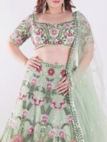 Stunning Green Traditional South Asian Outfit Intricate Floral Embroidery In Shades Of Pink Party Wear Lehenga Choli - Image 6