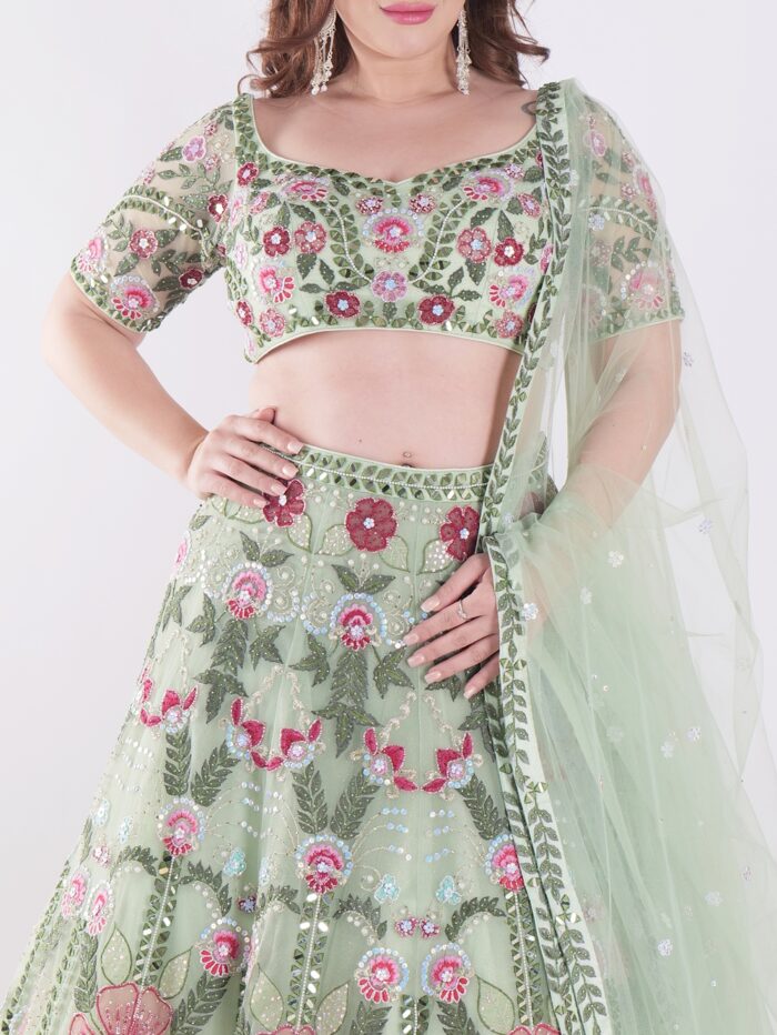 Stunning Green Traditional South Asian Outfit Intricate Floral Embroidery In Shades Of Pink Party Wear Lehenga Choli - Image 6