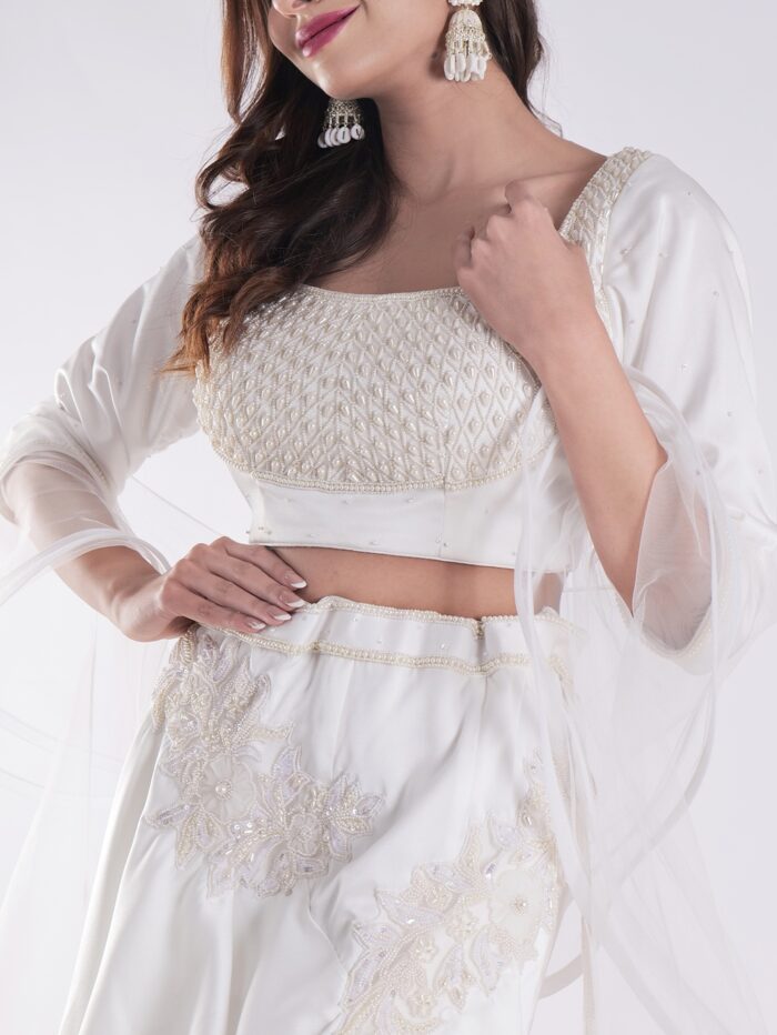 White Flowing Intricate Layers Of Ruffles Dramatic And Elegant Silhouette Cocktail Lehenga Set - Image 6