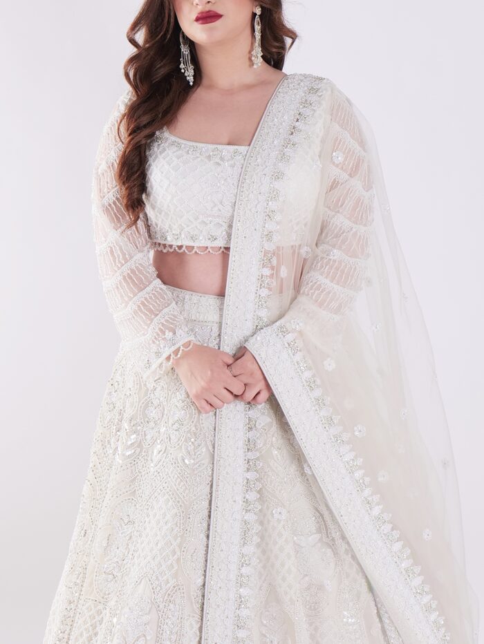Delicate Floral Patterns And Sparkling Embellishments With Shimmering Effect Engagement Luxury Lehenga Set - Image 6