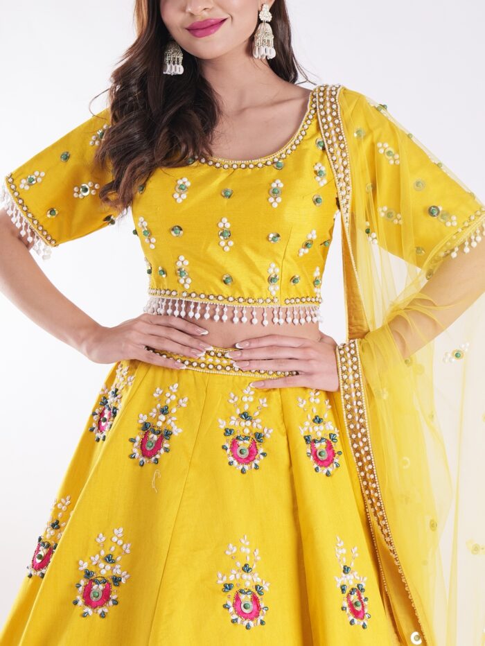 Vibrant Yellow Round Neckline And Short Sleeves Mehandi Designer Lehenga Set - Image 6