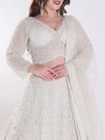 Net Embroidered White Intricately Beaded Party Wear Luxury Lehenga Set - Image 6